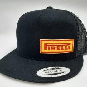 Retro Racing Pirelli Tires Flat Bill Snapback Trucker Cap Hat Embroidered Patch